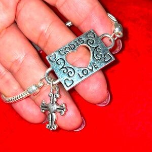 “God Is Love” Heart w/ Cross Dangle Magnetic Clasp Statement Bracelet Silvertone